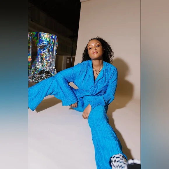 Dressed in LALA Long Sleeve Pilessè Set in Electric Blue - Picture 2 of 8